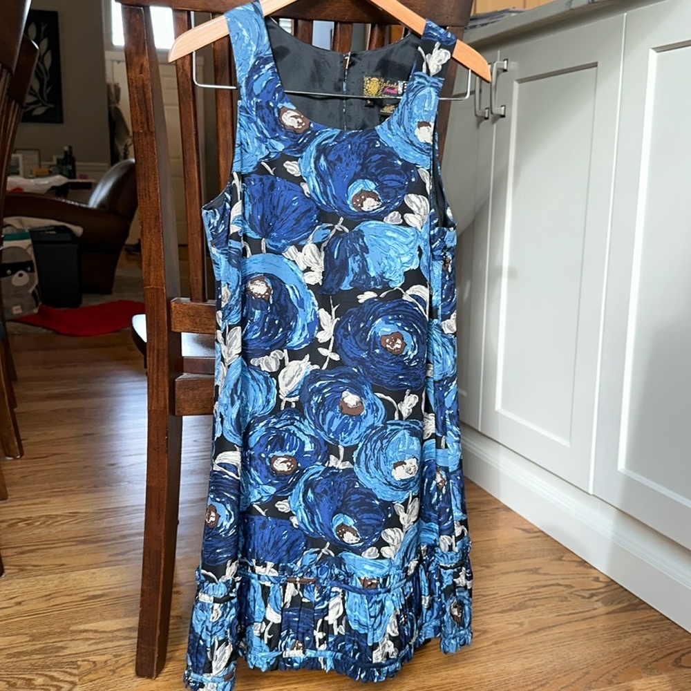 Plenty Frock! By Tracy Reese Blue & Cream Sheath Dress with Ruffle hem - Small